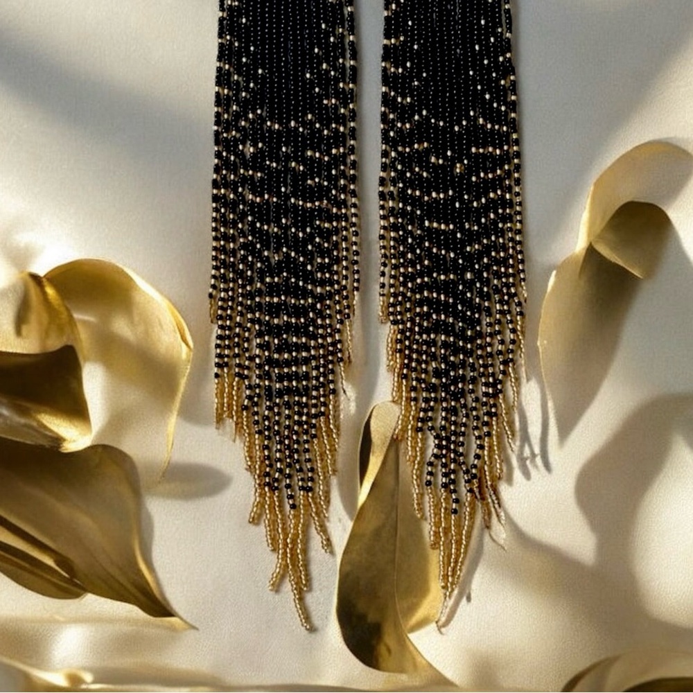 Dramatic Black and Gold Hand Beaded Cascade Earrings - Picture 5 of 16